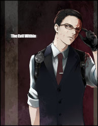  1boy adjusting_eyewear astronotus black_hair blood blood_on_face glasses joseph_oda male_focus red_eyes solo the_evil_within vest waistcoat 