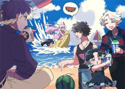  3boys 3girls :d banana_boat barefoot beach beer_can black_dress black_hair blue_eyes boat bow can closed_eyes cloud creatures_(company) crobat cup disposable_cup dog_tags dress drink_can drinking earrings food fruit game_freak gen_2_pokemon gen_4_pokemon gotoroku_(pkg) hair_bow hair_over_one_eye highres holding holding_cup inflatable_toy jewelry lumineon luxray male_swimwear multicolored_hair multiple_boys multiple_girls nintendo open_mouth outdoors pink_eyes pointing pokemon purple_hair sailboat sand scar scar_on_arm shaved_ice sketch skuntank smile spoken_food stud_earrings swim_trunks swimming two-tone_hair watch water watercraft watermelon white_hair wristwatch yellow_eyes 
