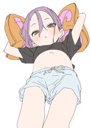  1girl absurdres big_belly brown_eyes clothes_lift female_focus from_below highres legs loli looking_at_viewer lying midriff navel on_back outie_navel pillow pregnant purple_hair shirt_lift shirt_pushed_up short_sleeves shorts solo soredemo_ayumu_wa_yosetekuru third-party_edit yamamoto_souichirou yaotome_urushi  rating:Questionable score:46 user:Willvoy