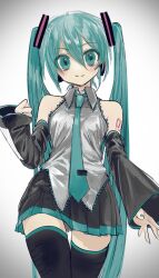  1girl aqua_eyes aqua_hair aqua_nails aqua_necktie bare_shoulders black_skirt black_thighhighs breasts closed_mouth collared_shirt commentary cowboy_shot detached_sleeves grey_shirt hair_between_eyes hair_ornament hand_up hatsune_miku highres ishitsuki_(_0101_831) long_hair long_sleeves looking_at_viewer miniskirt nail_polish necktie pinching_sleeves pleated_skirt shirt simple_background skirt sleeveless sleeveless_shirt sleeves_past_wrists small_breasts smile solo split_mouth standing thighhighs tie_clip twintails very_long_hair vocaloid white_background wide_sleeves zettai_ryouiki  rating:Sensitive score:5 user:danbooru