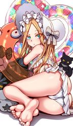  1girl :o abigail_williams_(fate) abigail_williams_(swimsuit_foreigner)_(fate) abigail_williams_(swimsuit_foreigner)_(third_ascension)_(fate) ass bad_id bad_twitter_id bare_shoulders barefoot bikini black_cat blonde_hair blue_eyes blush bonnet bow butt_crack cat clothes_pull fate/grand_order fate_(series) feet frilled_bikini frilled_swimsuit frills hair_bow heart highres holding holding_swim_ring innertube innertube_with_ears jacket loli long_hair looking_at_viewer looking_back lying multiple_hair_bows on_side one-piece_swimsuit_pull parted_bangs sekai_saisoku_no_panda soles strapless strapless_bikini swim_ring swimsuit toes unworn_jacket very_long_hair white_bikini white_bow white_headwear  rating:Questionable score:101 user:danbooru