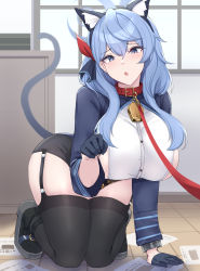 1girl :o absurdres ako_(blue_archive) all_fours animal_ear_fluff animal_ears bell black_gloves blue_archive blue_eyes blue_hair breasts cat_ears cat_tail collar fake_animal_ears full_body garter_straps gloves hair_between_eyes highres kanta_(kanta_077) large_breasts leash long_hair looking_at_viewer neck_bell on_floor open_mouth paw_pose raised_eyebrows red_collar sideboob sidelocks solo tail thighhighs thighs tile_floor tiles viewer_holding_leash rating:Sensitive score:88 user:danbooru