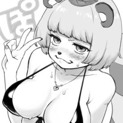  1girl alternate_costume animal_ears animal_nose bikini blunt_bangs blush bob_cut breasts commentary covered_erect_nipples english_commentary forced_smile furrowed_brow greyscale half-closed_eyes halterneck hand_up heart heart_necklace highres jewelry large_breasts leaf leaf_on_head looking_at_viewer magari_(c0rn3r) mode_aim monochrome necklace nose_blush ponpoko_(vtuber) raccoon_ears raccoon_girl raccoon_tail short_hair simple_background solo swimsuit tail tail_raised translation_request upper_body v virtual_youtuber 