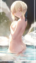 1girl artoria_pendragon_(all) artoria_pendragon_(fate) ass bad_id bad_pixiv_id black_bow blonde_hair bow braid character_name covering_privates fate/grand_order fate/stay_night fate_(series) hair_bow hair_bun highres looking_at_viewer looking_back magicians_(zhkahogigzkh) nude outdoors pale_skin partially_submerged reflection saber_alter single_hair_bun solo towel yellow_eyes rating:Questionable score:28 user:danbooru