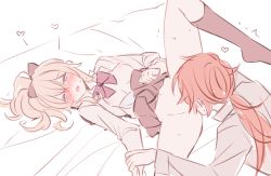  1boy 1girl bed bed_sheet black_socks blonde_hair blue_eyes blush bow bowtie breasts clothes_lift cunnilingus diluc_(genshin_impact) genshin_impact hair_bow heart hetero jean_(genshin_impact) kneehighs leg_lift leg_up long_sleeves lying medium_breasts nipples on_back open_clothes open_mouth open_shirt oral ponytail red_hair rome_romedo shirt sidelocks sketch skirt skirt_lift socks sweat thighs twitching white_background  rating:Explicit score:122 user:danbooru