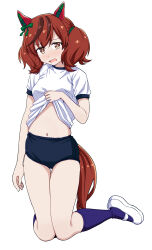 1girl absurdres animal_ears blue_buruma breasts brown_eyes brown_hair buruma clothes_lift ear_covers full_body highres horse_ears horse_girl horse_tail kneeling lifting_own_clothes looking_at_viewer multicolored_hair navel nice_nature_(umamusume) open_mouth ponzu_rui shirt shirt_lift short_hair simple_background small_breasts solo streaked_hair tail twintails umamusume white_background white_shirt 
