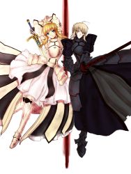  2girls ahoge aqua_eyes arm_grab holding_another&#039;s_arm armor armored_dress artoria_pendragon_(fate) bare_shoulders blonde_hair bow caliburn_(fate) capcom dark_persona detached_sleeves dress excalibur_morgan_(fate) fate/stay_night fate/unlimited_codes fate_(series) faulds firebate gauntlets green_eyes hair_bow multiple_girls ponytail saber_(fate) saber_alter saber_lily sword weapon yellow_eyes  rating:Sensitive score:8 user:danbooru