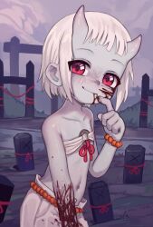  1girl absurdres blood blood_splatter bracelet collarbone fang finger_to_mouth flat_chest graveyard highres horns jewelry loli looking_at_viewer navel original red_eyes red_ribbon ribbon short_hair smile solo syrupmelty tombstone twitter_username upper_body white_hair 