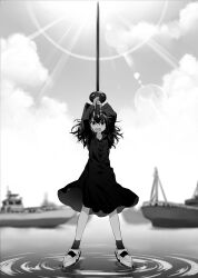  1girl absurdres blurry cloud commentary_request depth_of_field dress female_admiral_(kancolle) full_body greyscale highres holding holding_sword holding_weapon kana_haruki kantai_collection lens_flare little_girl_admiral_(kancolle) medium_dress monochrome nakama_saori open_mouth ripples ship sky solo standing standing_on_liquid sword water watercraft weapon 
