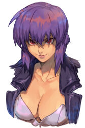  1girl black_jacket breasts cleavage closed_mouth collarbone cropped_shoulders ghost_in_the_shell ghost_in_the_shell_stand_alone_complex hungry_clicker jacket kusanagi_motoko lapels large_breasts looking_at_viewer open_clothes open_jacket pink_eyes purple_hair short_hair simple_background smile solo v-shaped_eyebrows white_background 