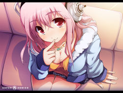  1girl blush breasts chiri_(atlanta) cleavage coat finger_to_mouth from_above headphones jewelry large_breasts letterboxed long_hair nitroplus no_bra pendant pink_eyes pink_hair sitting smile solo super_sonico  rating:Sensitive score:46 user:danbooru