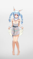  1girl :q absurdres alternate_costume animal_ear_fluff animal_ears barefoot blue_hair blush bow braid breasts curtsey don-chan_(usada_pekora) dress full_body fur_cuffs gluteal_fold grey_background hair_bow highres hololive isolatediev knees_together_feet_apart legs long_hair looking_at_viewer medium_breasts multicolored_hair panties rabbit_ears rabbit_girl red_eyes see-through see-through_dress simple_background solo standing thigh_gap thigh_strap tiptoes toenails toes tongue tongue_out twin_braids two-tone_hair underwear usada_pekora virtual_youtuber white_bow white_dress white_hair white_panties 