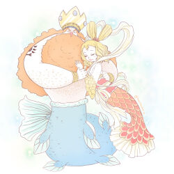  1boy 1girl arm_tattoo beard blonde_hair bracelet closed_eyes commentary couple crown english_commentary facial_hair hagoromo hair_ornament highres hug jewelry long_beard long_hair long_nose mermaid merman miuyumin monster_boy monster_girl neptune_(one_piece) one_piece orange_hair otohime_(one_piece) red_nose sash shawl tattoo topless_male very_long_beard wide_sleeves 
