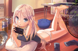 1girl artist_name ass bad_id bad_pixiv_id bare_legs barefoot beer_can blonde_hair blue_eyes braid can cellphone character_request chips_(food) crossed_legs drink_can electric_fan feet food hair_between_eyes tucking_hair half_updo highres kaku-san-sei_million_arthur long_hair looking_at_viewer lying million_arthur_(series) no_pants on_stomach open_mouth panties phone potato_chips smartphone solo underwear white_panties yunamul rating:Sensitive score:37 user:danbooru