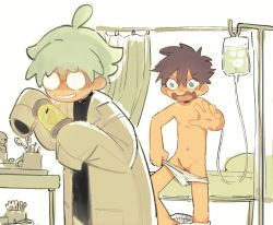  2boys ahoge bar_censor bed black_hair briefs censored glasses grin hospital_bed intravenous_drip iv_stand kenoru lab_coat mad_scientist male_focus male_underwear male_underwear_pull multiple_boys no_penis nullification opaque_glasses open_mouth original partially_colored penis round_eyewear severed_penis shota sleeves_past_wrists smile sweat tears underwear 