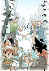  3boys 3girls animal_ears beard beard_over_mouth bench black_hair black_pants blonde_hair blue_robe blue_sky brown_eyes brown_footwear brown_hair brown_pants brown_scarf brown_sweater cat_ears cat_girl chilchuck_tims closed_eyes coat cold crossed_arms cup dungeon_meshi dwarf earmuffs elf facial_hair falin_touden falin_touden_(tallman) fang fence fingernails green_mittens green_sweater hands_up highres holding holding_cup holding_snowball izutsumi laios_touden light_brown_hair long_beard long_hair long_sleeves looking_at_another marcille_donato mittens mug multiple_boys multiple_girls open_mouth outdoors own_hands_clasped own_hands_together pants pine_tree pointy_ears red_mittens red_scarf robe robodumpling scarf sharp_fingernails short_hair sitting sky snow snow_on_head snowball snowing snowman standing sweater tree very_short_hair wide_sleeves winter 