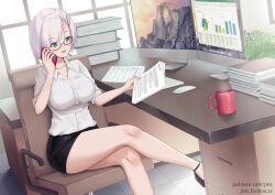  1girl alternate_costume black-framed_eyewear black_footwear black_skirt book breasts cellphone chair coffee_mug collared_shirt crossed_legs cup desk green_eyes high_heels holding holding_paper holding_phone hololive hololive_indonesia joko_jmc large_breasts monitor mug office_chair office_lady open_mouth paper pavolia_reine phone shirt short_hair skirt smartphone smile solo swivel_chair virtual_youtuber white_hair white_shirt 