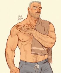  1boy aaron_gruber_(o_natsuo88) arm_hair bara beard_stubble chest_hair cowboy_shot facial_hair facial_scar grey_hair hairy highres looking_to_the_side male_focus mature_male mustache navel_hair nipples o_natsuo88 old old_man original pout receding_hairline scar scar_on_cheek scar_on_face shirt short_hair simple_background solo stubble thick_eyebrows thick_mustache topless_male towel_on_one_shoulder wrinkled_skin yellow_background 