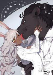  1boy 1girl animal_ears blush breasts cleavage dark-skinned_female dark_skin final_fantasy final_fantasy_xiv formal grey_hair height_difference highres hrothgar kurono_yuu licking licking_another&#039;s_face light_blush long_hair looking_at_another monster_boy one_eye_closed rabbit_ears rabbit_girl red_eyes smile suit tongue tongue_out upper_body very_long_hair viera whiskers white_suit yellow_eyes  rating:Sensitive score:19 user:danbooru