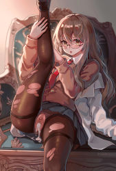  1girl absurdres after_vaginal aftersex armchair black_skirt blush chair clitoris clothes_lift cum cum_in_pussy cumdrip drooling ejaculation eyelashes female_focus futaba_rio ginyasama glasses highres internal_cumshot kneepits lab_coat leg_up long_hair looking_at_viewer miniskirt no_panties open_mouth pantyhose pleated_skirt pussy red_tie saliva school_uniform seishun_buta_yarou shoes sitting skirt skirt_lift tongue tongue_out torn_clothes torn_pantyhose uncensored uniform yellow_eyes  rating:Explicit score:160 user:MABfan11