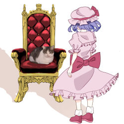  1girl back_bow blue_hair bow burumiru cat chair commentary_request dress frilled_ribbon frilled_sleeves frills from_behind full_body hat highres mob_cap photo_inset pink_dress puffy_short_sleeves puffy_sleeves red_bow red_footwear remilia_scarlet ribbon shoes short_hair short_sleeves simple_background solo throne touhou waist_bow white_background 