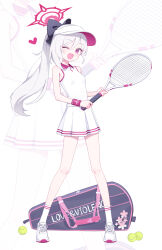  1girl bare_shoulders blue_archive deadnooodles highres mutsuki_(blue_archive) one_eye_closed open_mouth ponytail purple_eyes shirt sleeveless sleeveless_shirt smile solo sportswear standing tennis_uniform white_hair 