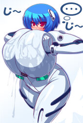  ... 1girl ayanami_rei blue_hair blush bodysuit breasts breasts_squeezed_together cleavage cowboy_shot curvy dot_nose female_focus formal gigantic_breasts grabbing_own_breast hip_focus image_sample japanese_text neon_genesis_evangelion pixiv_sample raion-san red_eyes short_hair solo standing suit thick_thighs thighs wet white_background white_bodysuit wide_hips 