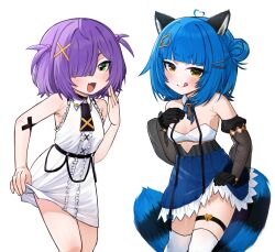  2girls ahoge animal_ears armpit_crease armpits bare_shoulders black_gloves black_tail blue_hair blue_tail blush breasts center_frills clothes_lift creator_connection dress dress_lift eien_project fang frilled_dress frills gloves green_eyes hair_bobbles hair_bun hair_ornament hair_over_one_eye heart heart_ahoge highres idol_corp leaf_hair_ornament licking_lips looking_at_viewer multiple_girls open_mouth poko_rakun purple_hair raccoon_ears raccoon_girl raccoon_tail ryoshi short_dress short_hair simple_background skin_fang sleeveless sleeveless_dress small_breasts tail tongue tongue_out two-tone_tail virtual_youtuber white_background white_dress x_hair_ornament yellow_eyes zumi_dokumi 