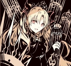  1girl black_background blonde_hair bow cage commentary_request ereshkigal_(fate) ereshkigal_(third_ascension)_(fate) fate/grand_order fate_(series) hair_between_eyes hair_bow long_hair open_mouth red_eyes rioka_(southern_blue_sky) solo tagme tiara twintails  rating:Sensitive score:3 user:danbooru