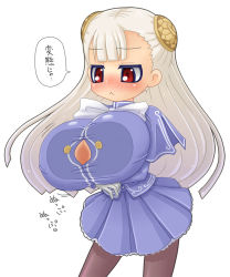 1girl :&lt; albino alexi_(tits!) blush bow breast_hold breasts bursting_breasts capcom capcom_fighting_jam cleavage female_focus hairpods height_difference huge_breasts ingrid_(capcom) invisible_penis long_hair oppai_loli paizuri paizuri_under_clothes pantyhose perpendicular_paizuri red_eyes simple_background skirt solo standing standing_paizuri street_fighter translated turtleneck white_background white_hair rating:Explicit score:53 user:atrack