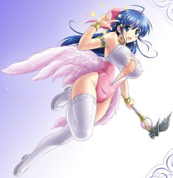  1girl angel_leotard artist_request blue_eyes blue_hair bow bracelet breasts cleavage dragon_quest dragon_quest_v earrings flora_(dq5) half_updo jewelry large_breasts legs leotard long_hair matching_hair/eyes nakajima_akihiko pink_bow ribbon scepter simple_background smile solo thighhighs wand wings  rating:Safe score:5 user:Kyng
