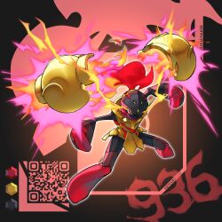  absurdres armarouge armor artist_name character_name colored_skin creatures_(company) eye_trail fiery_hair full_body game_freak gold_armor highres light_trail nintendo pokemon pokemon_(creature) qr_code red_eyes red_hair red_skin shoulder_armor solo zealmaker 