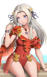  1girl bracelet breasts casual_one-piece_swimsuit cleavage closed_mouth commentary covered_navel edelgard_von_hresvelg edelgard_von_hresvelg_(summer) embarrassed fire_emblem fire_emblem:_three_houses fire_emblem_heroes frilled_one-piece_swimsuit frills gonzarez hair_ornament hair_ribbon hand_in_own_hair highres jewelry long_hair medium_breasts necklace nintendo ocean official_alternate_costume official_alternate_hairstyle one-piece_swimsuit pearl_necklace pendant plumeria purple_eyes red_one-piece_swimsuit revision ribbon shy sitting solo sweatdrop swimsuit white_hair 