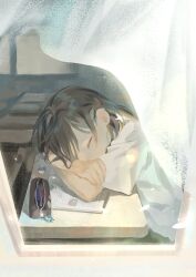  1girl absurdres black_hair chi_chi3939 classroom closed_eyes curtains highres notebook open_window original pencil_case sleeping sleeping_on_desk solo window 