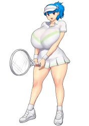  1girl absurdres blue_hair blunt_bangs blush breasts breasts_squeezed_together collarbone curvy earrings erkaz full_body highres huge_breasts jewelry looking_at_viewer original ponytail racket red_eyes rina_atherina shiny_skin short_hair smile solo sportswear sweatband tennis_racket tennis_shoes tennis_skirt tennis_uniform thick_thighs thighs visor_cap white_background wide_hips  rating:General score:10 user:Oppai_chan