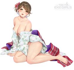 1girl bare_shoulders barefoot blush breasts brown_eyes brown_hair cleavage collarbone commentary_request earrings fingernails floral_print full_body hair_ornament japanese_clothes jewelry kimono lips logo looking_at_viewer masami_chie medium_breasts off_shoulder official_art open_mouth shiny_skin simple_background sitting solo teeth thighs toes tokyo_exe_girls white_background rating:Sensitive score:58 user:danbooru
