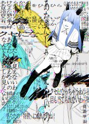  2boys 3girls all_i_can_see_is_you_(vocaloid) androgynous animal_ears aqua_hair black_footwear blonde_hair blue_eyes blue_hair blunt_bangs collared_shirt color-coded commentary covered_eyes glitch hex_code highres long_hair long_sleeves looking_at_viewer multiple_boys multiple_girls open_mouth personality_i personality_ii personality_iii personality_iv personality_v pleated_skirt shirt sitting skirt smile translation_request unxo_ox vocaloid white_hair 