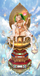 1girl absurdres anklet apt bare_arms bare_legs bare_shoulders barefoot beads blonde_hair blue_sky bodhisattva bracelet breasts buddhism cloud commentary_request day feet_together fingernails floating flower gem gold_trim half-closed_eyes head_rest headgear highres holding huge_filesize jewelry knees_apart_feet_together large_breasts light_smile lips long_hair looking_at_viewer lotus lotus_pedestal multiple_hands mythology nail_polish navel orb original prayer_beads red_eyes red_nails revealing_clothes ring shawl sitting sky solo statue toenails very_long_hair wheel_of_dharma rating:Sensitive score:18 user:danbooru