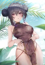  1girl absurdres bare_shoulders bikini bikini_under_clothes black_bikini black_hair blue_sky blurry blurry_foreground breasts china_dress chinese_clothes commentary cowboy_shot crossed_bangs day double_bun dress fingernails gradient_hair hair_between_eyes hair_bun hair_intakes highleg highleg_bikini highres izumi_kei large_breasts light_blush looking_at_viewer multicolored_hair original outdoors parted_lips pelvic_curtain plant purple_dress purple_eyes purple_hair see-through see-through_dress sidelocks sky sleeveless sleeveless_dress solo standing string_bikini swimsuit symbol-only_commentary wet 