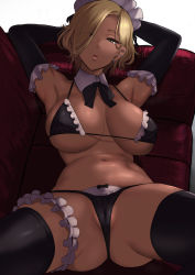 1girl apron armpits arms_behind_head arms_up ass bikini black_bikini black_gloves black_neckwear black_thighhighs blonde_hair blush bow bow_bikini breasts breasts_apart cameltoe couch dark-skinned_female dark_skin detached_collar duplicate ear_piercing earrings elbow_gloves frilled_bikini frills gloves hair_over_one_eye highres jewelry large_breasts looking_at_viewer lying maid maid_apron maid_bikini maid_headdress miyamoto_issa narrow_waist navel on_back original parted_lips piercing pixel-perfect_duplicate short_hair sitting solo spread_legs swimsuit thighhighs thong thong_bikini unconventional_maid  rating:Questionable score:192 user:danbooru