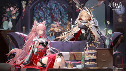  2girls :d :| animal_ears antlers arknights black_shirt blonde_hair blue_eyes breasts brooch buttons cake chest_of_drawers cloak clock closed_mouth couch crossed_bangs crossed_legs dot_nose double-breasted dress expressionless feet_out_of_frame flower food fox_ears fox_girl gauntlets gloves grandfather_clock grin hair_between_eyes highres hood hood_up hooded_cloak horns indoors jewelry large_breasts long_dress long_hair long_sleeves looking_at_viewer multiple_girls open_mouth partially_fingerless_gloves pillow pink_eyes pink_flower pink_hair plate pozyomka_(arknights) red_dress shirt sidelocks single_gauntlet sitting sleeveless sleeveless_dress smile teeth tiered_tray vase viviana_(arknights) watermark white_cloak white_shrug xianchong_shi 