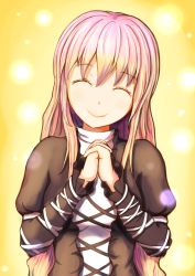  1girl ameto bad_id bad_pixiv_id blonde_hair closed_eyes dress facing_viewer gradient_background gradient_hair head_tilt hijiri_byakuren holding_hands light_purple_hair long_hair long_sleeves multicolored_hair own_hands_clasped own_hands_together puffy_sleeves smile solo touhou turtleneck two-tone_hair upper_body yellow_background 