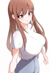 1girl blue_pants breasts goddess_of_victory:_nikke hair_between_eyes highres large_breasts light_brown_hair long_hair looking_at_viewer pants rapi_(nikke) red_eyes shirt simple_background solo white_background white_shirt yoonsun 