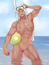  1girl abs absurdres adjusting_eyewear animal_ear_fluff animal_ears armpits asha ball bar_censor beachball blue_sky boku_no_hero_academia breasts censored cleft_of_venus cloud commentary_request completely_nude cowboy_shot dark-skinned_female dark_skin day goggles goggles_on_head highres holding holding_ball holding_beachball large_breasts long_hair looking_at_viewer mirko muscular muscular_female navel nipples nude obliques ocean open_mouth outdoors pussy rabbit_ears rabbit_girl red_eyes sidelocks sky solo swim_goggles tan water white_hair 