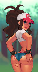 10s 1girl ass back baseball_cap blue_eyes brown_hair cable creatures_(company) crop_top cutoffs denim denim_shorts from_behind game_freak hand_on_own_hip hands_on_ass hat high_ponytail highleg hilda_(pokemon) huge_ass licking_lips lips lm_(legoman) long_hair looking_at_viewer looking_back naughty_face nintendo panties pokemon pokemon_bw ponytail pussy_juice pussy_juice_trail sex_toy shirt short_shorts shorts solo standing thighs thong tongue tongue_out underwear vibrator vibrator_under_clothes whale_tail_(clothing) wide_hips wristband rating:Explicit score:294 user:VulcanR