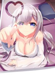  1girl :3 absurdres azur_lane bare_shoulders blue_eyes blush cainbranford collarbone commentary_request couch grey_hair heart heterochromia highres long_hair looking_at_viewer lying murmansk_(azur_lane) murmansk_(sceneries_of_pure_snow)_(azur_lane) official_alternate_costume on_couch on_stomach pillow purple_eyes solo white_nightgown window window_fog window_writing 