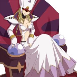  .hack// .hack//games 1girl bandai blonde_hair breasts chair cyber_connect_2 dress female_focus hat helba image_sample long_hair midriff pixiv_sample shoulder_pads sitting skirt skyemerald solo white_background 