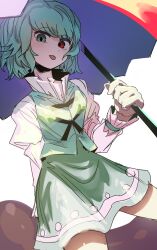  1girl absurdres blue_eyes blue_hair blue_skirt blue_vest commentary_request cross-laced_clothes heterochromia highres holding holding_umbrella ichirugi juliet_sleeves karakasa_obake long_sleeves looking_at_viewer puffy_sleeves red_eyes shirt skirt solo tatara_kogasa tongue tongue_out touhou umbrella vest white_shirt 