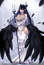  1girl absurdres albedo_(overlord) albedo_(overlord)_(cosplay) asymmetrical_horns bare_shoulders black_hair blue_hair breasts cleavage colored_inner_hair cosplay demon_horns eipanguino gloves hair_ornament highres hololive hololive_english horns large_breasts long_hair looking_at_viewer mole mole_under_eye multicolored_hair nerissa_ravencroft overlord_(maruyama) red_eyes smile solo two-tone_hair uneven_horns very_long_hair virtual_youtuber 