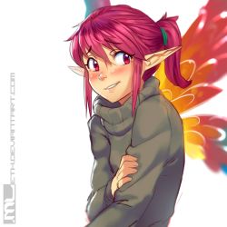 1girl blush erylia_(mleth) fairy fairy_wings highres mini_person minigirl mleth original pink_eyes pink_hair pointy_ears short_hair short_ponytail solo sweater turtleneck turtleneck_sweater wings
